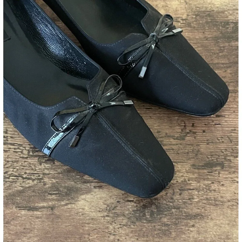 Vintage Van Eli Womens Pump Sz 8N Black Square Toe Bow Spool Heel Preppy Classic